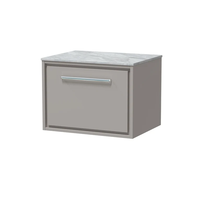 Lille 600mm Wall Hung 1 Drawer Vanity Unit & Grey Marble Worktop - Pebble Grey Matt