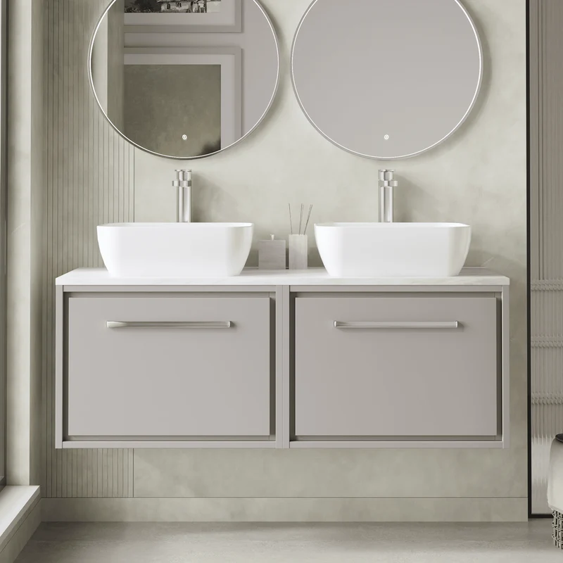 Lille 1200mm Wall Hung 2 Drawer Vanity Unit & Grey Marble Worktop - Pebble Grey Matt