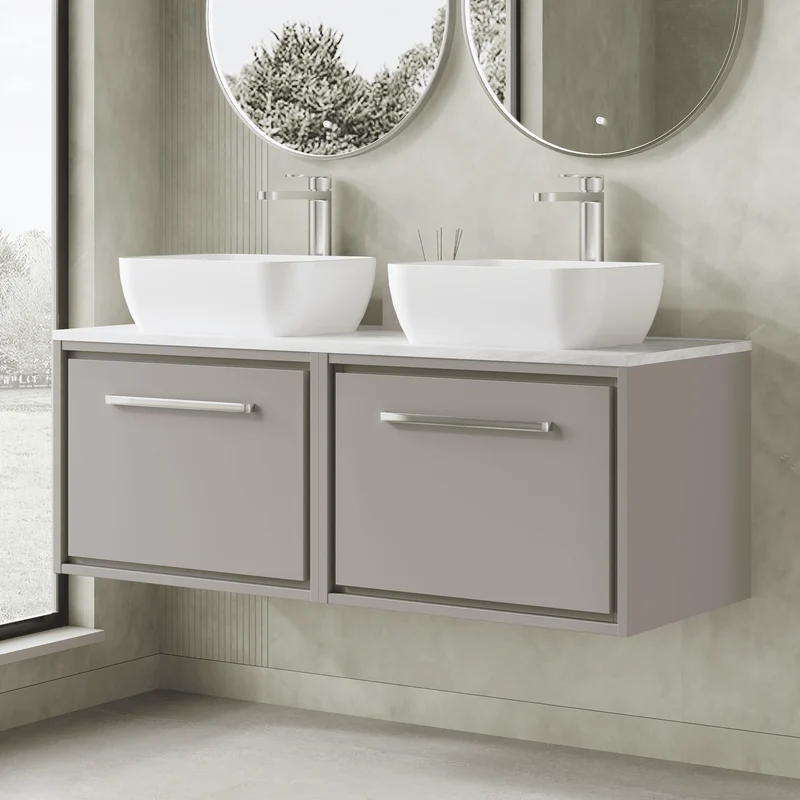 Lille 1200mm Wall Hung 2 Drawer Vanity Unit & Grey Marble Worktop - Pebble Grey Matt