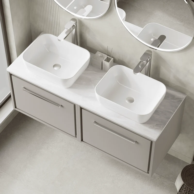 Lille 1200mm Wall Hung 2 Drawer Vanity Unit & Grey Marble Worktop - Pebble Grey Matt