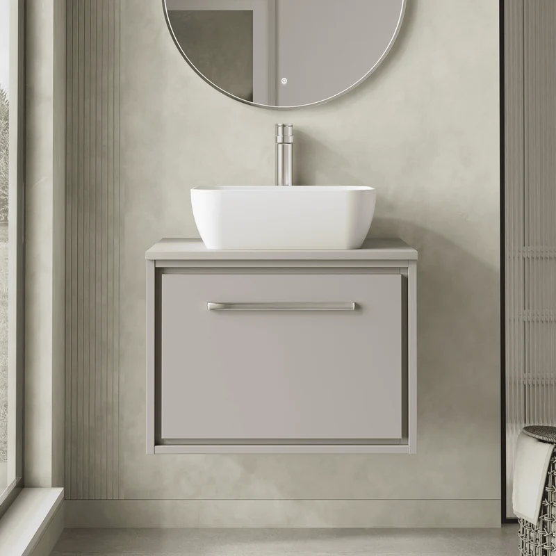 Lille 600mm Wall Hung 1 Drawer Vanity Unit & Worktop - Pebble Grey Matt