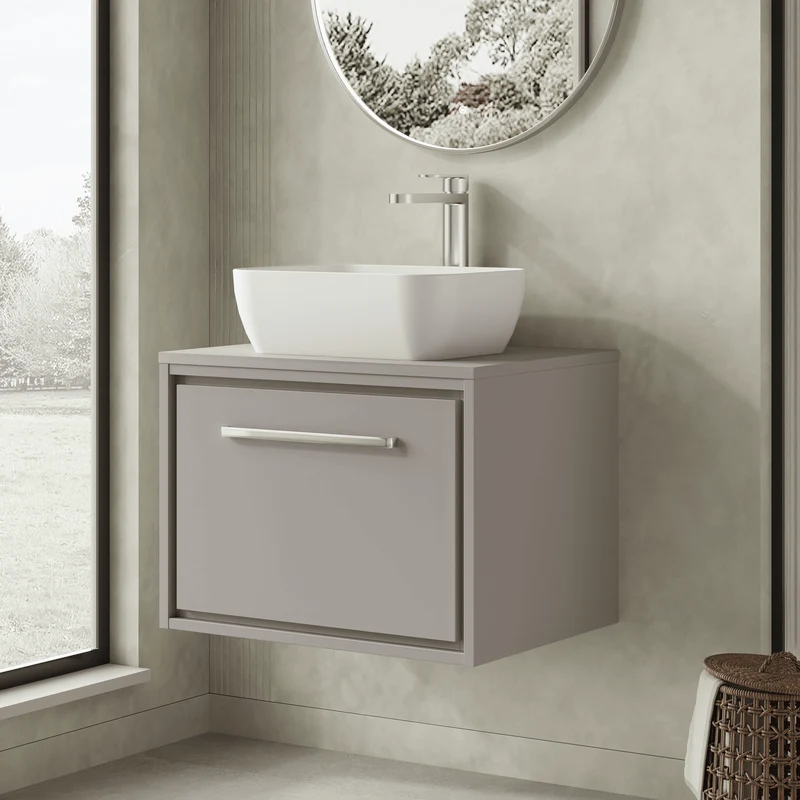 Lille 600mm Wall Hung 1 Drawer Vanity Unit & Worktop - Pebble Grey Matt