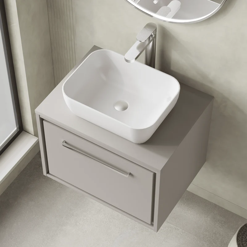 Lille 600mm Wall Hung 1 Drawer Vanity Unit & Worktop - Pebble Grey Matt