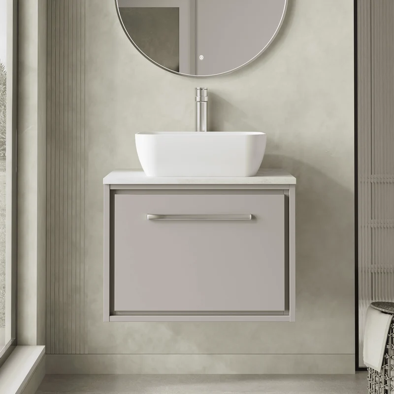 Lille 600mm Wall Hung 1 Drawer Vanity Unit & White Marble Worktop - Pebble Grey Matt