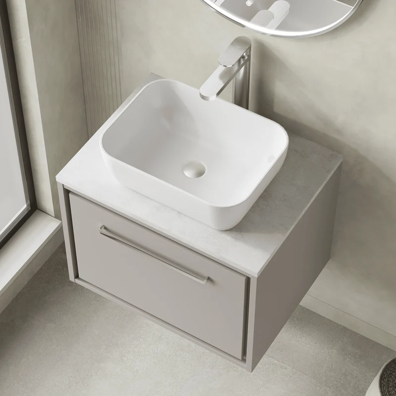 Lille 600mm Wall Hung 1 Drawer Vanity Unit & White Marble Worktop - Pebble Grey Matt