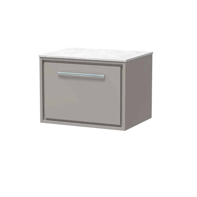 Lille 600mm Wall Hung 1 Drawer Vanity Unit & White Marble Worktop - Pebble Grey Matt
