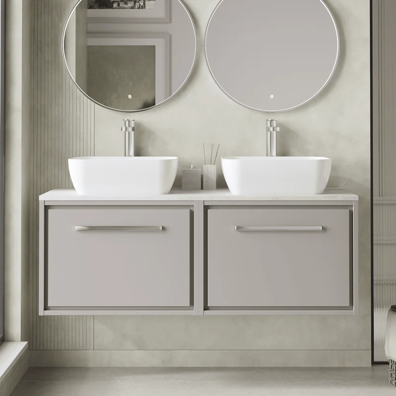 Lille 1200mm Wall Hung 2 Drawer Vanity Unit & White Marble Worktop - Pebble Grey Matt