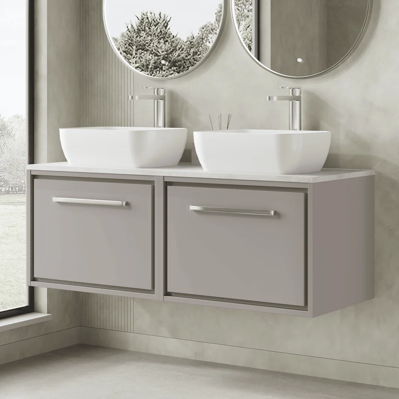 Lille 1200mm Wall Hung 2 Drawer Vanity Unit & White Marble Worktop - Pebble Grey Matt