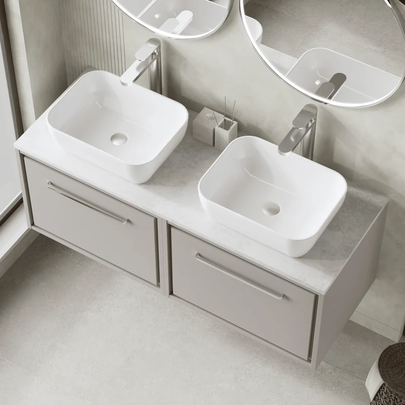 Lille 1200mm Wall Hung 2 Drawer Vanity Unit & White Marble Worktop - Pebble Grey Matt