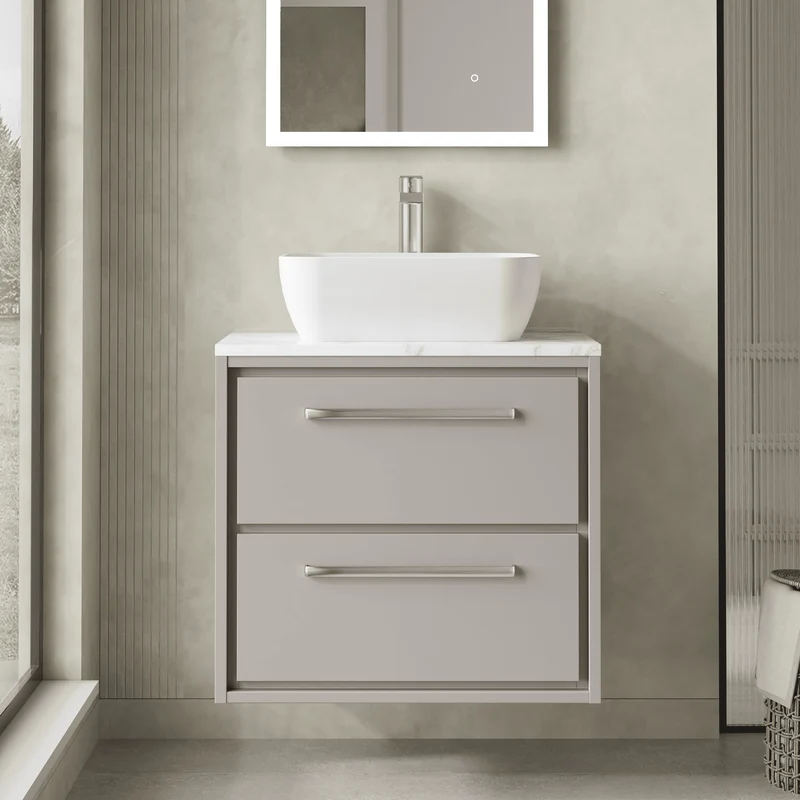 Lille 600mm Wall Hung 2 Drawer Vanity Unit & Carrera Marble Worktop - Pebble Grey Matt
