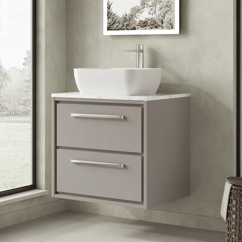 Lille 600mm Wall Hung 2 Drawer Vanity Unit & Carrera Marble Worktop - Pebble Grey Matt