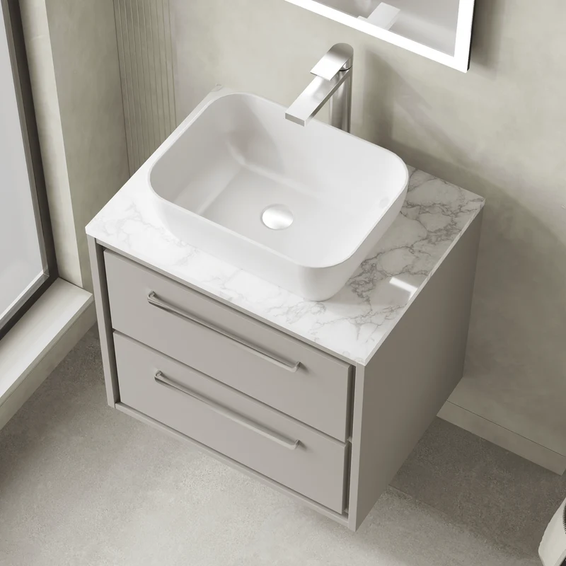 Lille 600mm Wall Hung 2 Drawer Vanity Unit & Carrera Marble Worktop - Pebble Grey Matt