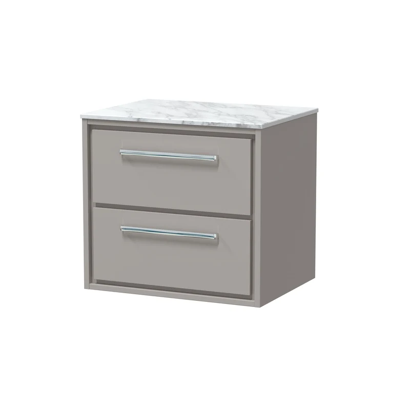 Lille 600mm Wall Hung 2 Drawer Vanity Unit & Carrera Marble Worktop - Pebble Grey Matt