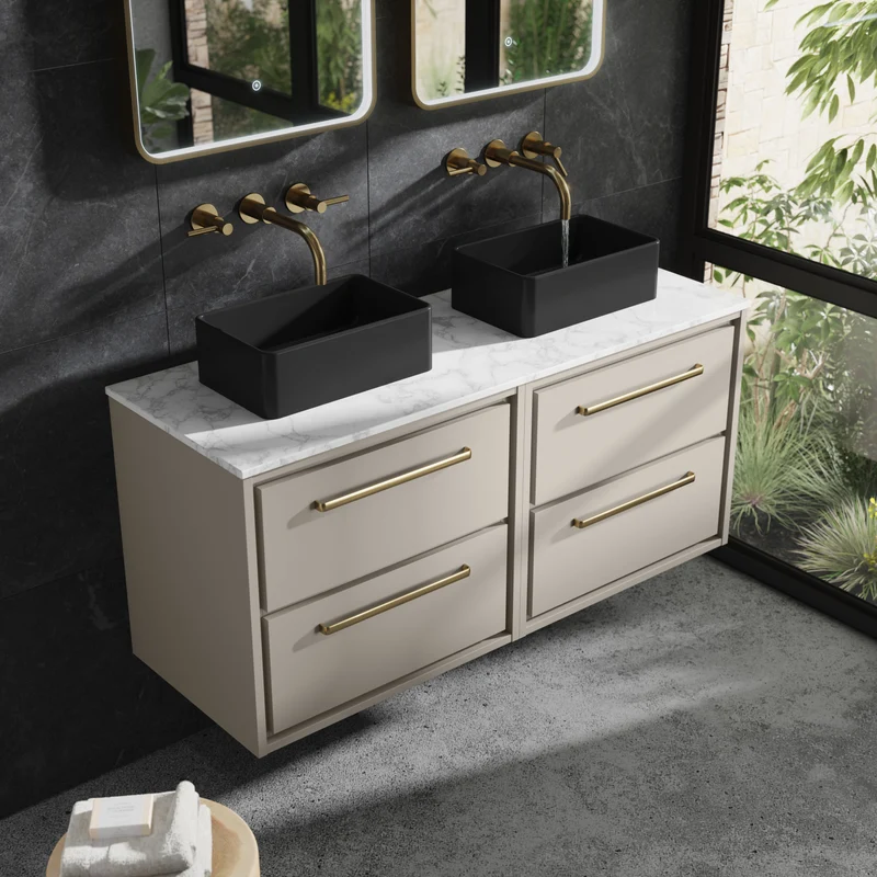 Lille 1200mm Wall Hung 4 Drawer Vanity Unit & Carrera Marble Worktop - Pebble Grey Matt