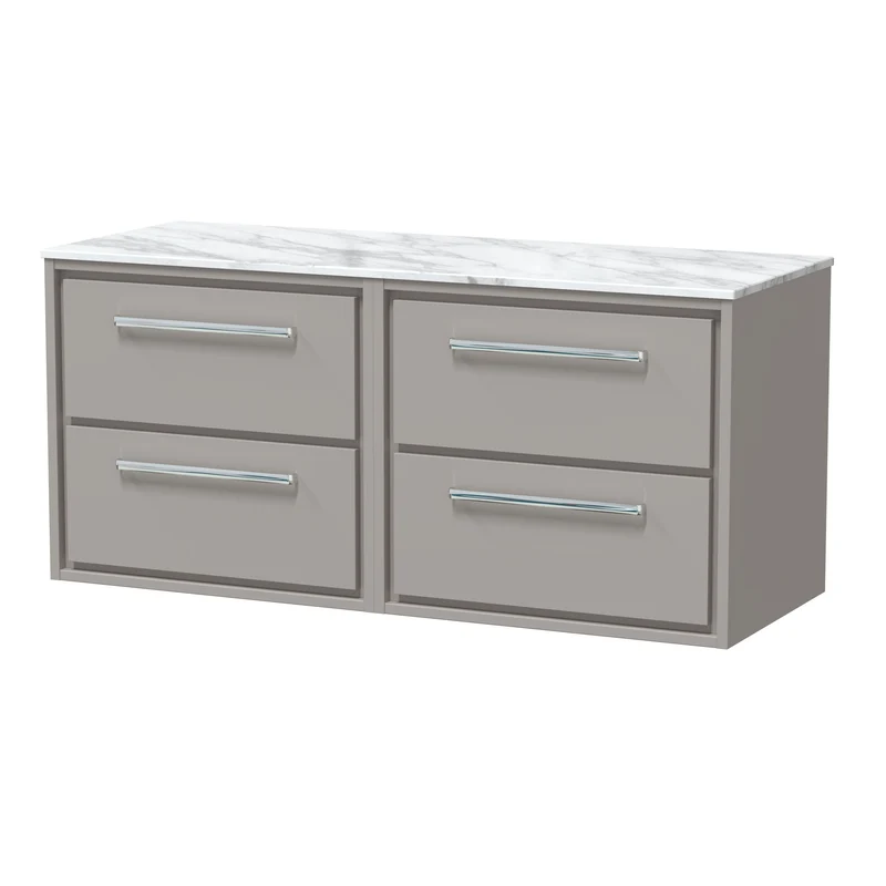 Lille 1200mm Wall Hung 4 Drawer Vanity Unit & Carrera Marble Worktop - Pebble Grey Matt