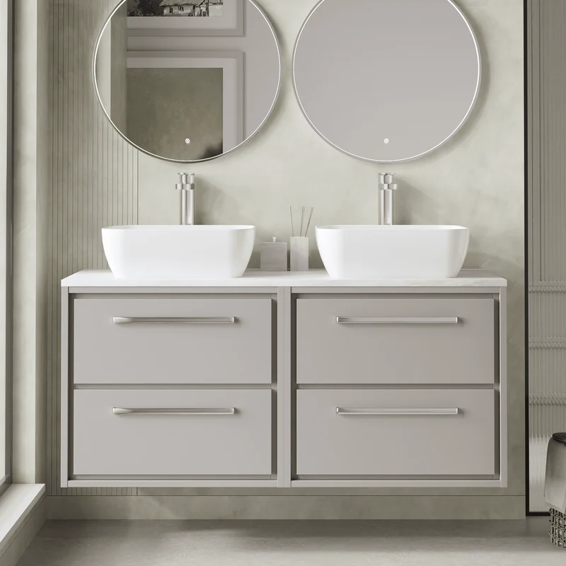 Lille 1200mm Wall Hung 4 Drawer Vanity Unit & Grey Marble Worktop - Pebble Grey Matt