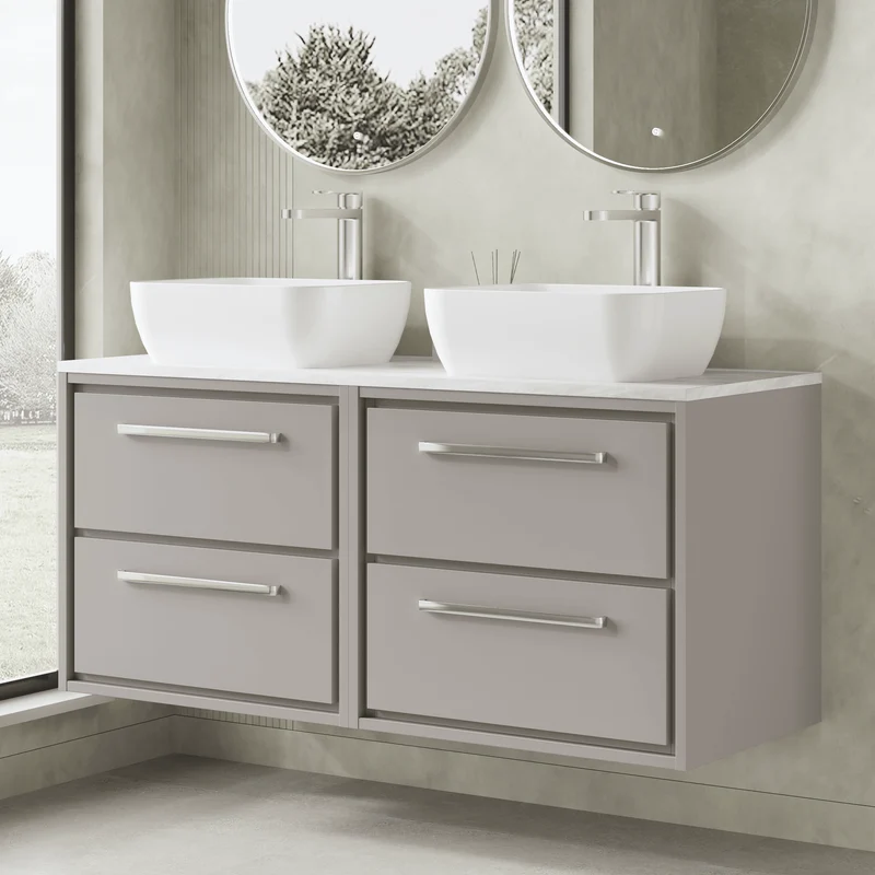 Lille 1200mm Wall Hung 4 Drawer Vanity Unit & Grey Marble Worktop - Pebble Grey Matt