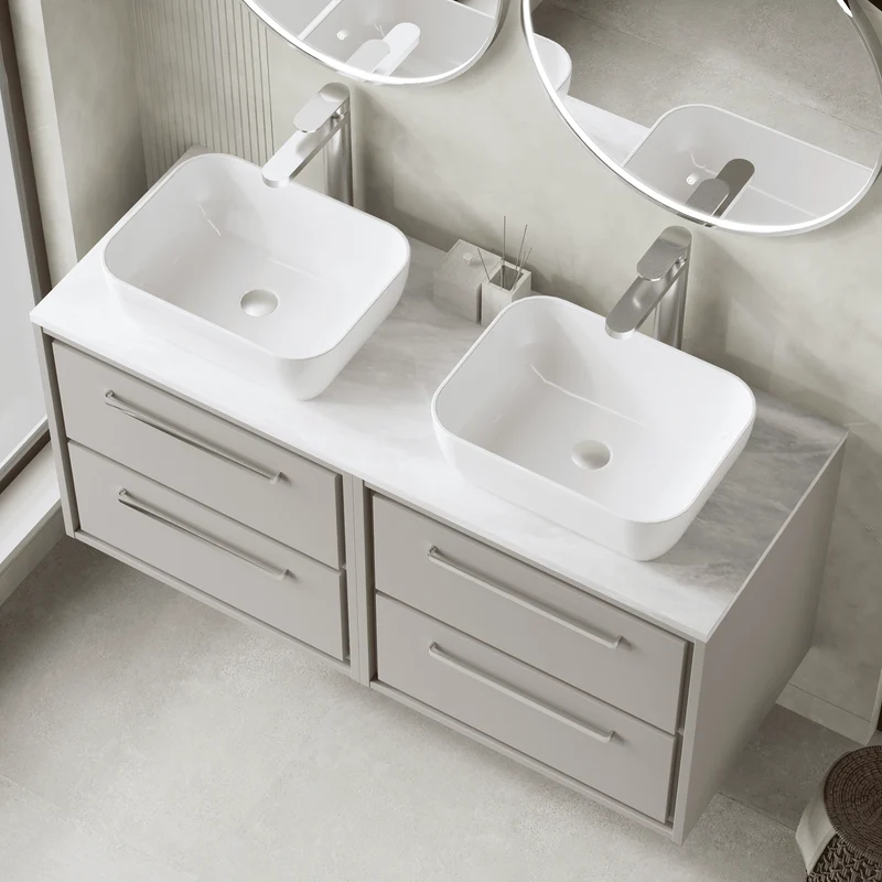 Lille 1200mm Wall Hung 4 Drawer Vanity Unit & Grey Marble Worktop - Pebble Grey Matt