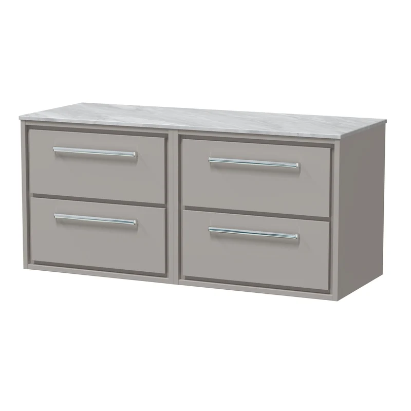 Lille 1200mm Wall Hung 4 Drawer Vanity Unit & Grey Marble Worktop - Pebble Grey Matt