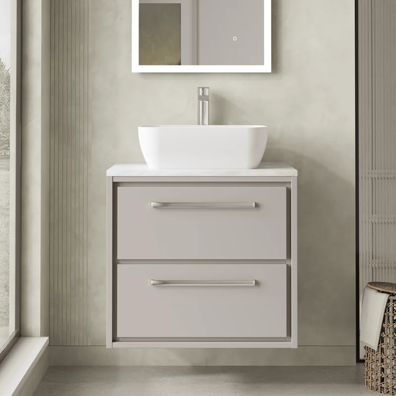 Lille 600mm Wall Hung 2 Drawer Vanity Unit & Grey Marble Worktop - Pebble Grey Matt