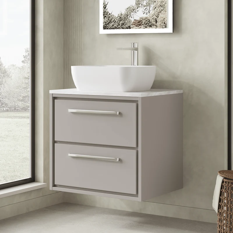 Lille 600mm Wall Hung 2 Drawer Vanity Unit & Grey Marble Worktop - Pebble Grey Matt