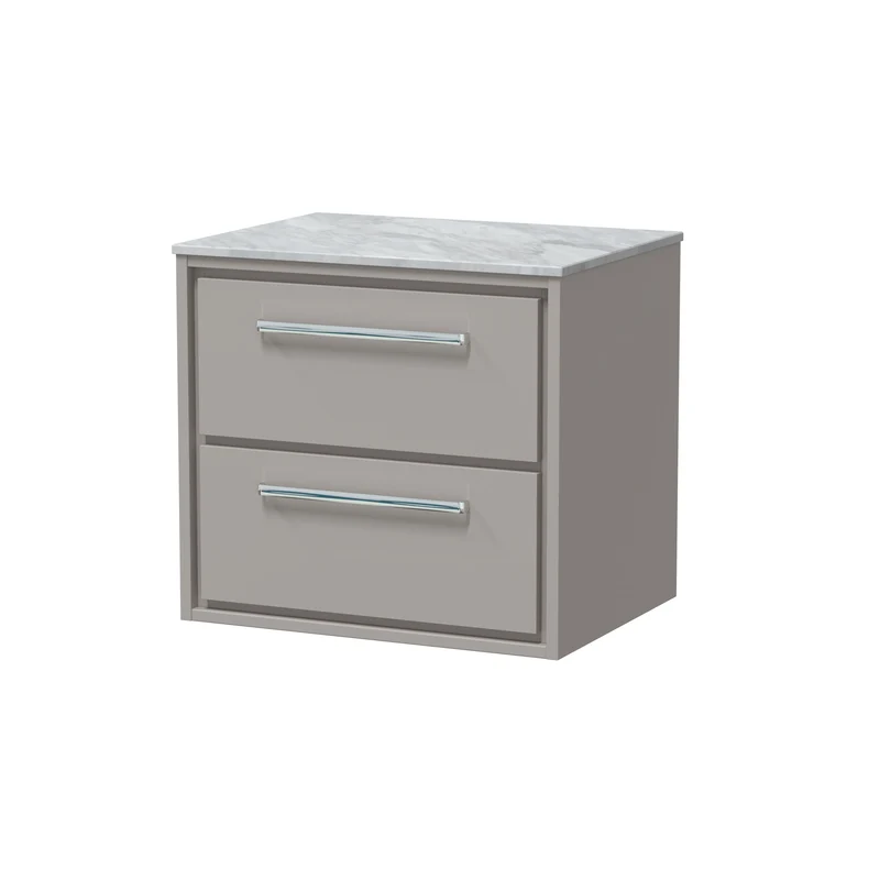 Lille 600mm Wall Hung 2 Drawer Vanity Unit & Grey Marble Worktop - Pebble Grey Matt