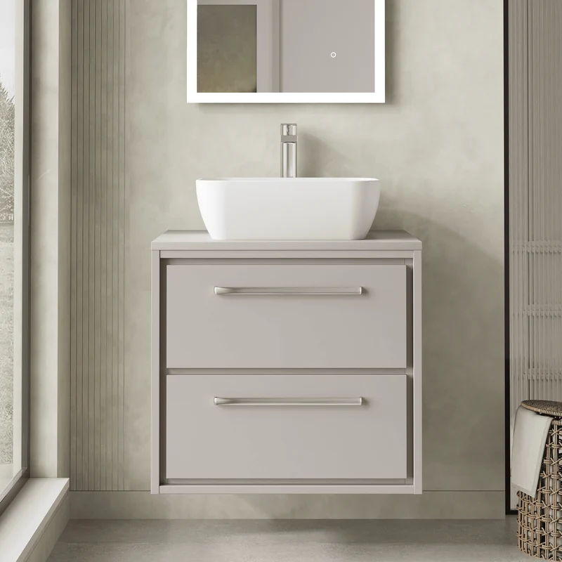 Lille 600mm Wall Hung 2 Drawer Vanity Unit & Worktop - Pebble Grey Matt