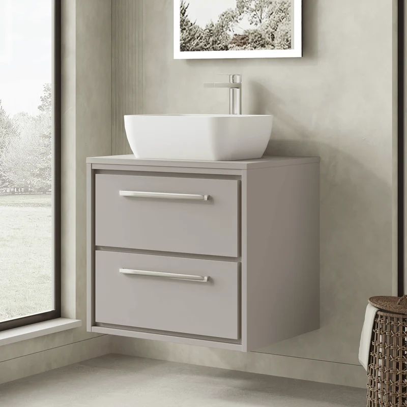 Lille 600mm Wall Hung 2 Drawer Vanity Unit & Worktop - Pebble Grey Matt