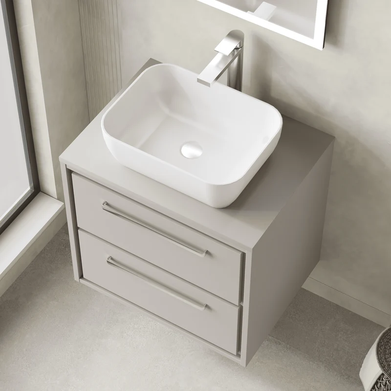 Lille 600mm Wall Hung 2 Drawer Vanity Unit & Worktop - Pebble Grey Matt