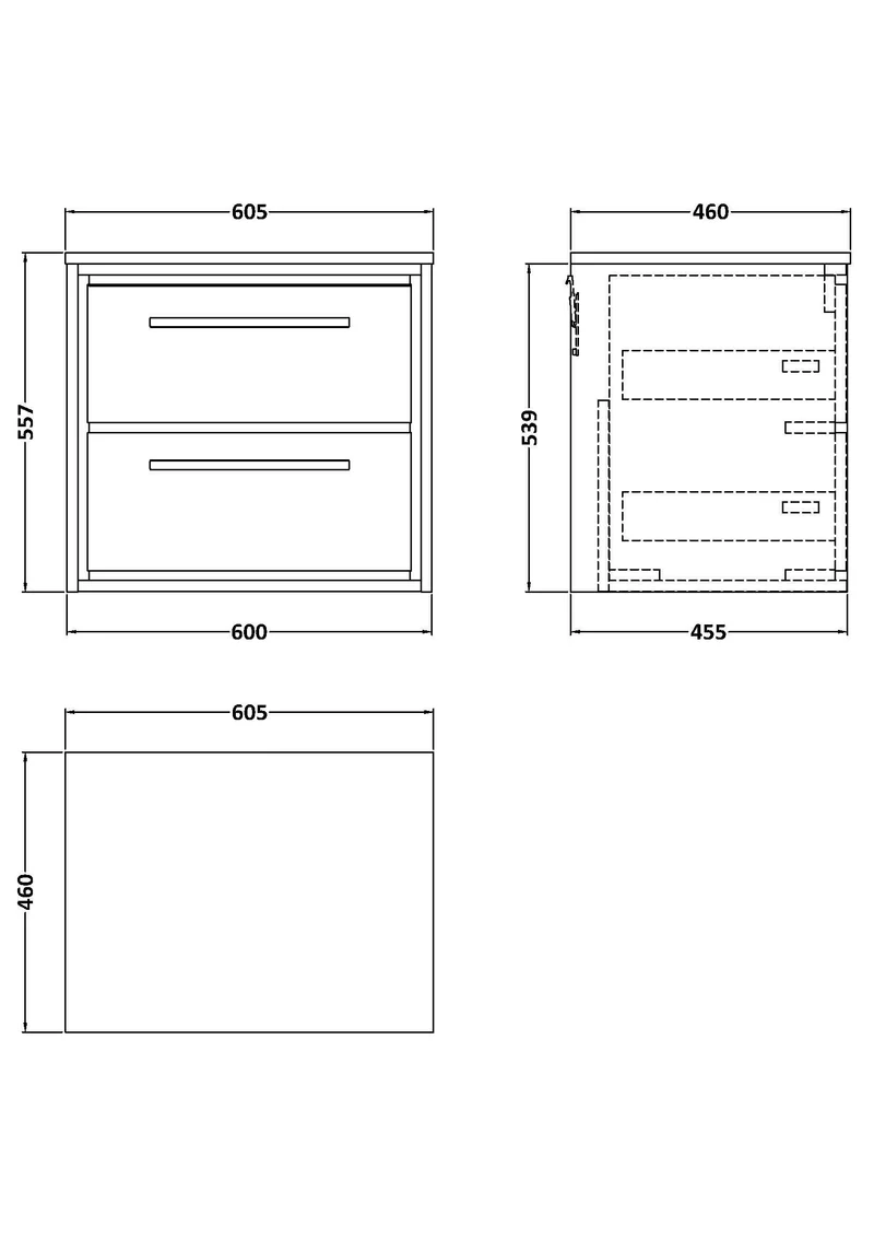 Lille 600mm Wall Hung 2 Drawer Vanity Unit & Worktop - Pebble Grey Matt