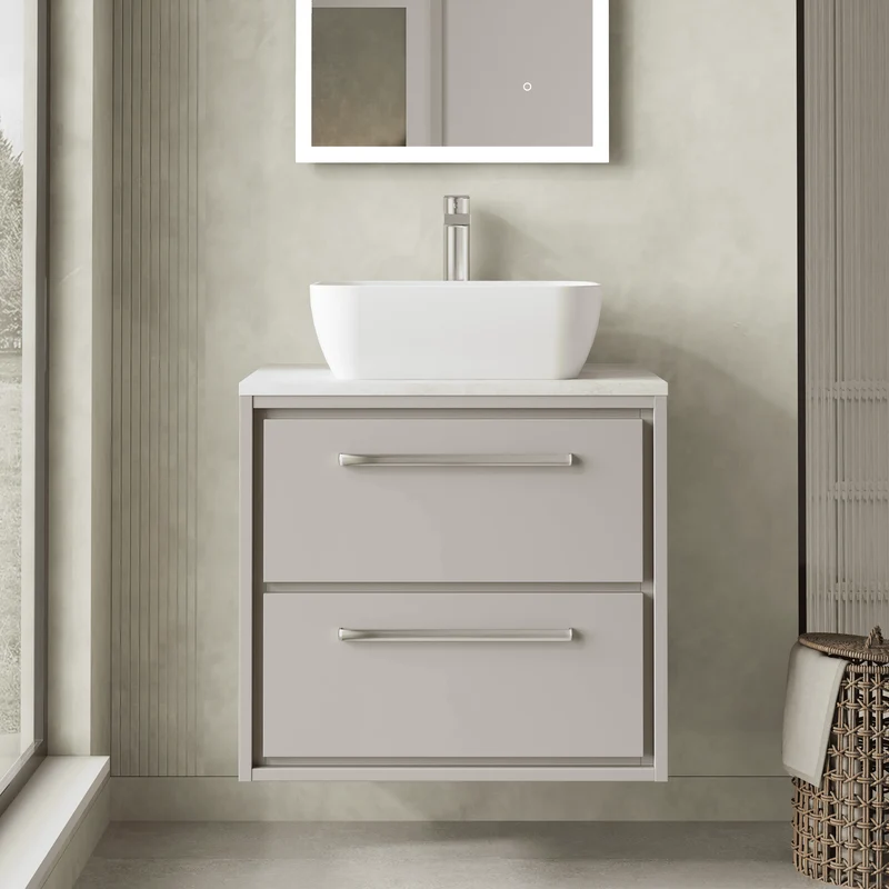 Lille 600mm Wall Hung 2 Drawer Vanity Unit & White Marble Worktop - Pebble Grey Matt