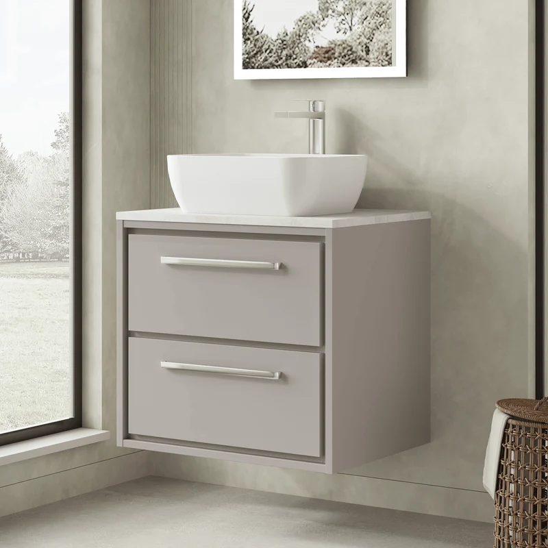 Lille 600mm Wall Hung 2 Drawer Vanity Unit & White Marble Worktop - Pebble Grey Matt