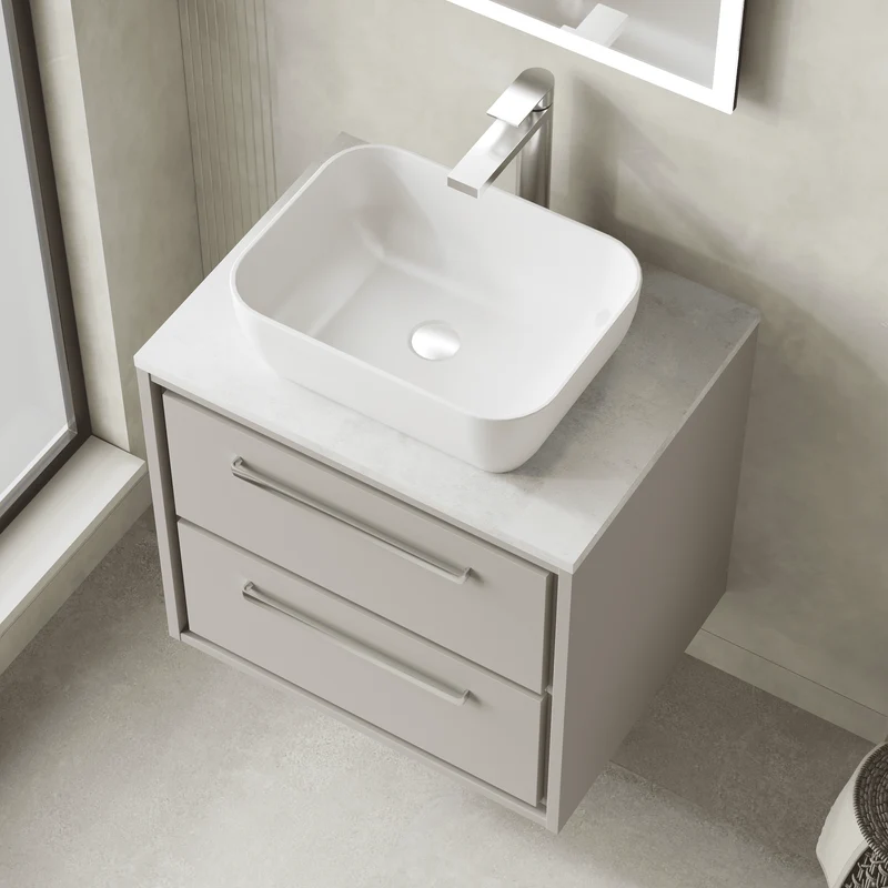 Lille 600mm Wall Hung 2 Drawer Vanity Unit & White Marble Worktop - Pebble Grey Matt