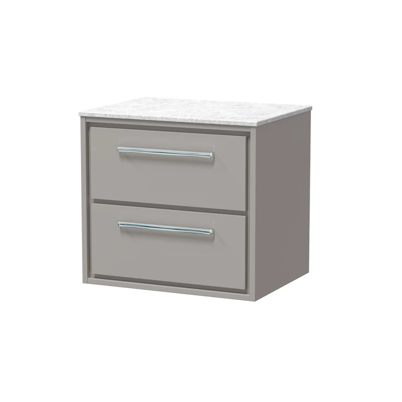 Lille 600mm Wall Hung 2 Drawer Vanity Unit & White Marble Worktop - Pebble Grey Matt