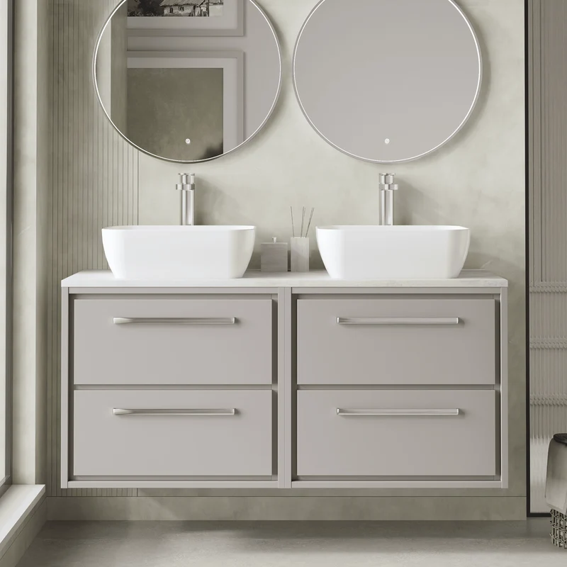 Lille 1200mm Wall Hung 4 Drawer Vanity Unit & White Marble Worktop - Pebble Grey Matt