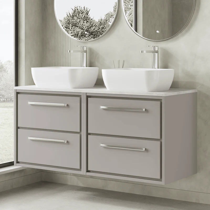 Lille 1200mm Wall Hung 4 Drawer Vanity Unit & White Marble Worktop - Pebble Grey Matt