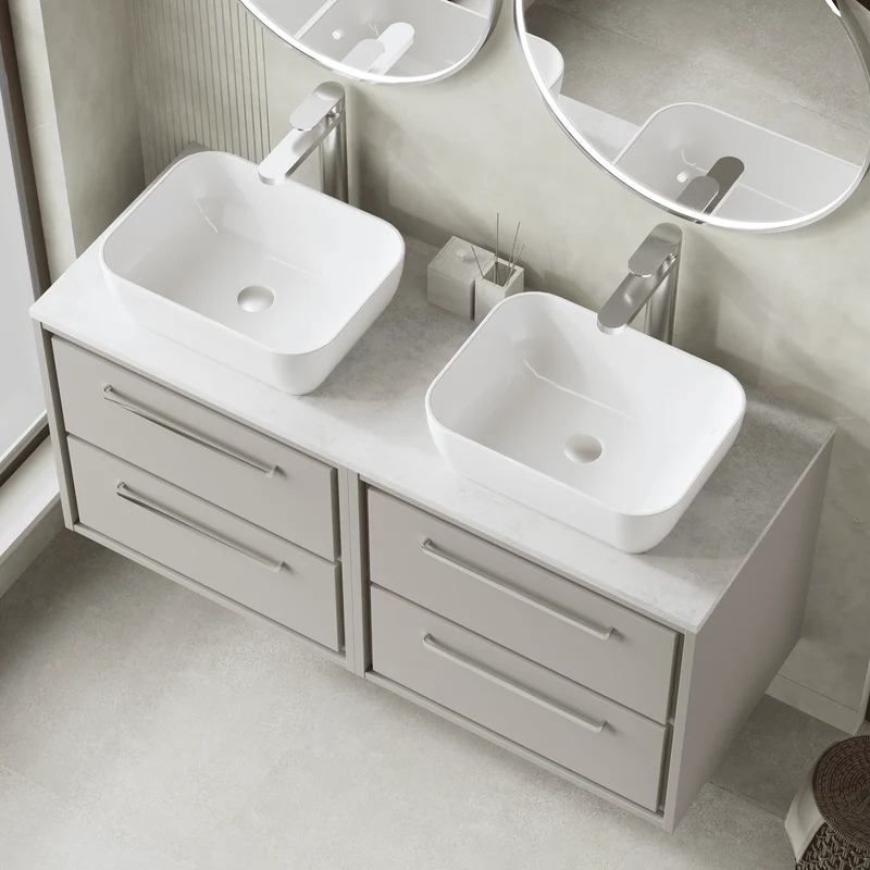 Lille 1200mm Wall Hung 4 Drawer Vanity Unit & White Marble Worktop - Pebble Grey Matt