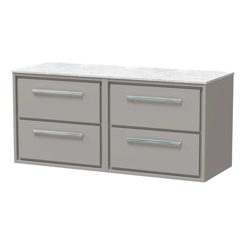 Lille 1200mm Wall Hung 4 Drawer Vanity Unit & White Marble Worktop - Pebble Grey Matt