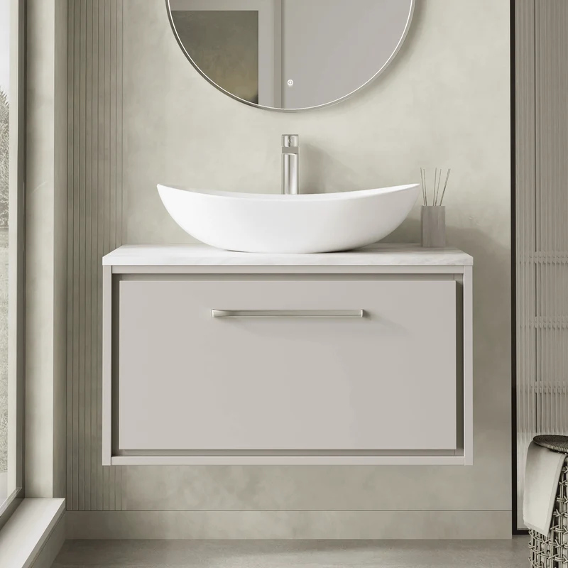 Lille 800mm Wall Hung 1 Drawer Vanity Unit & Grey Marble Worktop - Pebble Grey Matt