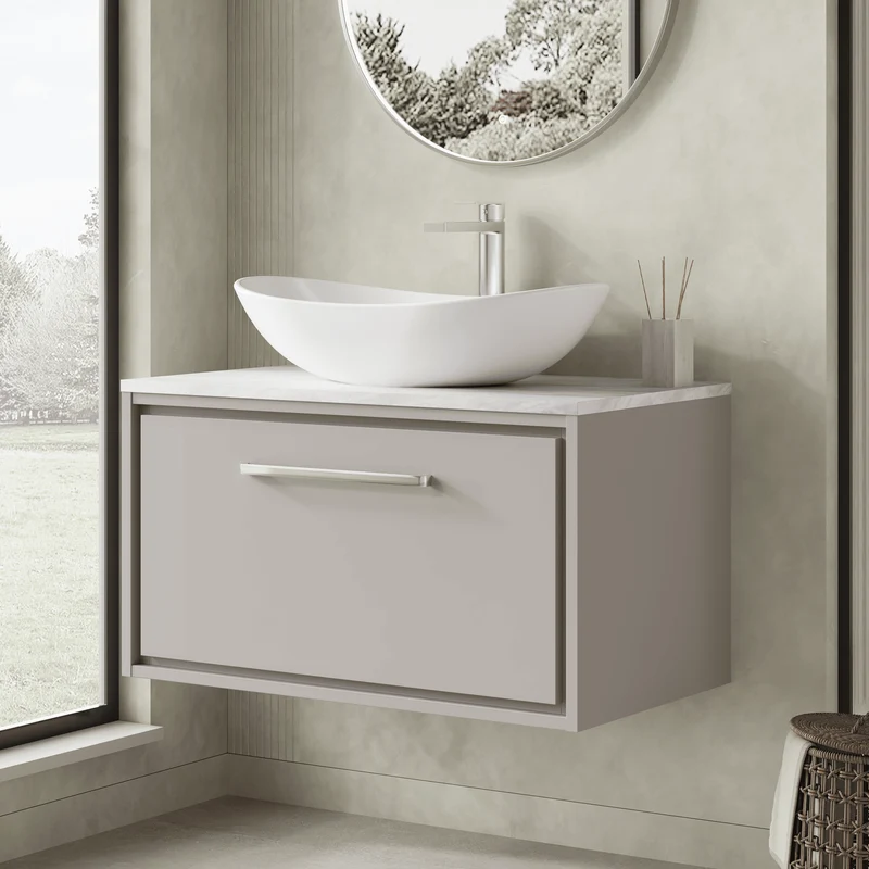 Lille 800mm Wall Hung 1 Drawer Vanity Unit & Grey Marble Worktop - Pebble Grey Matt