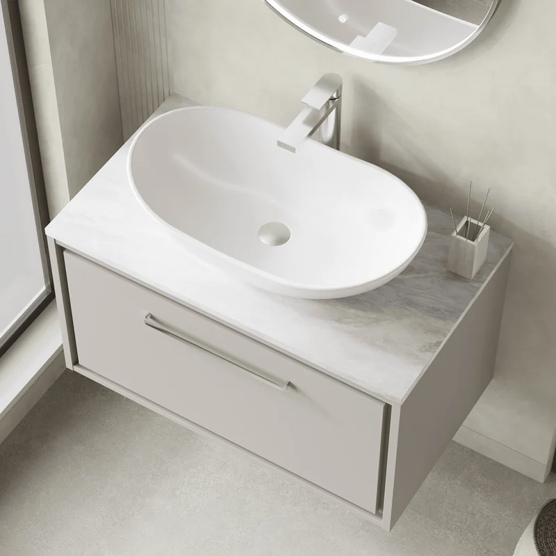 Lille 800mm Wall Hung 1 Drawer Vanity Unit & Grey Marble Worktop - Pebble Grey Matt