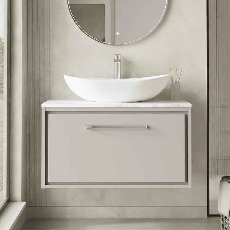 Lille 800mm Wall Hung 1 Drawer Vanity Unit & Carrera Marble Worktop - Pebble Grey Matt