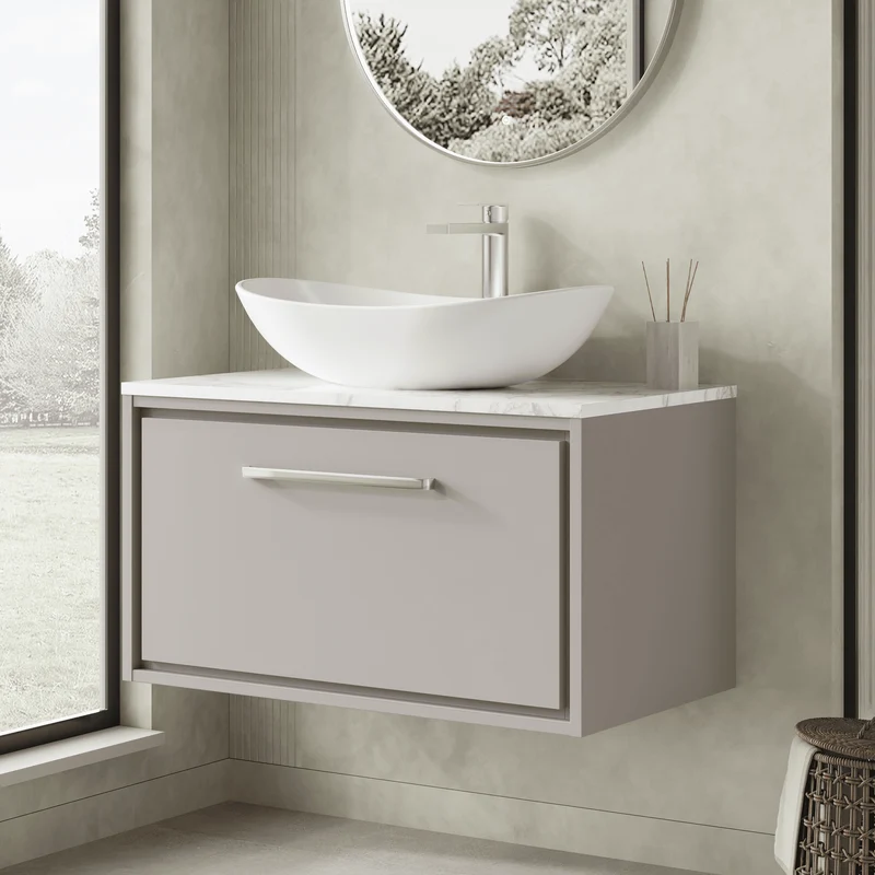 Lille 800mm Wall Hung 1 Drawer Vanity Unit & Carrera Marble Worktop - Pebble Grey Matt