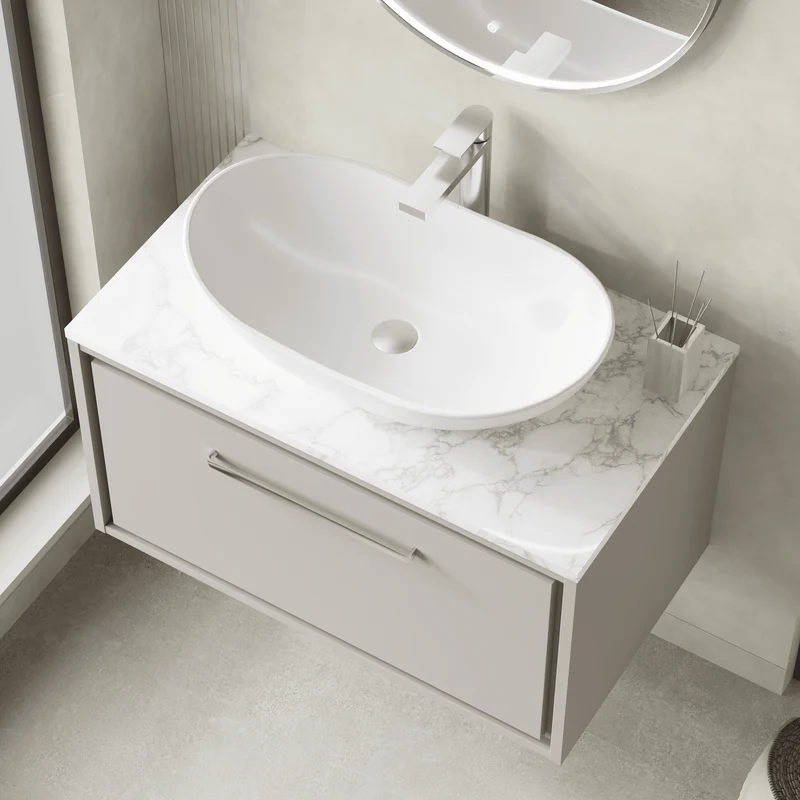 Lille 800mm Wall Hung 1 Drawer Vanity Unit & Carrera Marble Worktop - Pebble Grey Matt