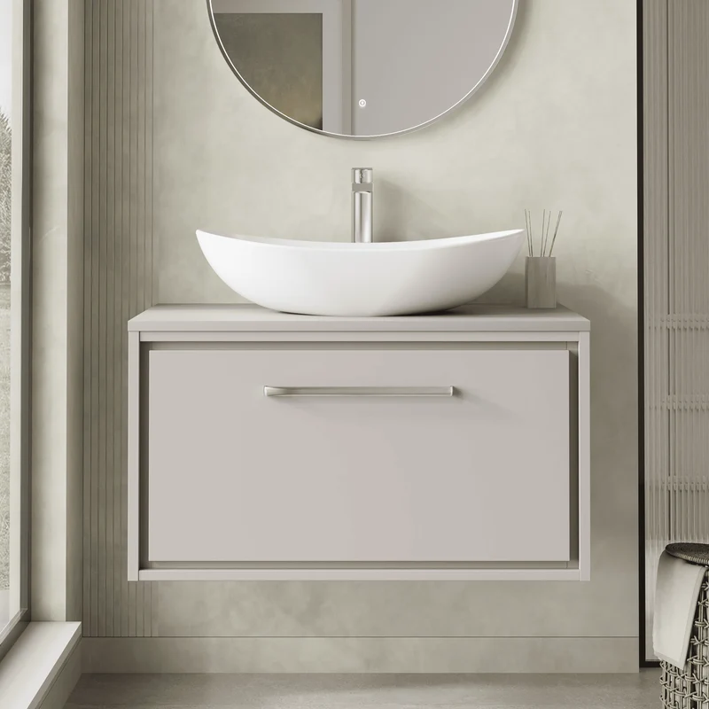 Lille 800mm Wall Hung 1 Drawer Vanity Unit & Worktop - Pebble Grey Matt