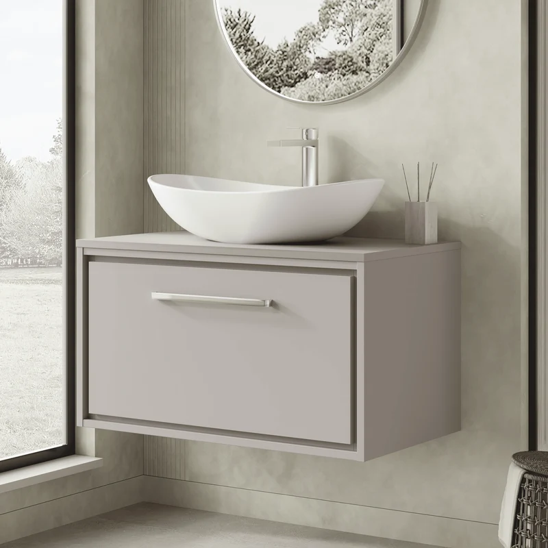 Lille 800mm Wall Hung 1 Drawer Vanity Unit & Worktop - Pebble Grey Matt