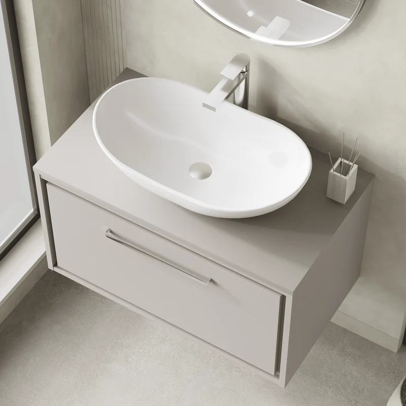 Lille 800mm Wall Hung 1 Drawer Vanity Unit & Worktop - Pebble Grey Matt