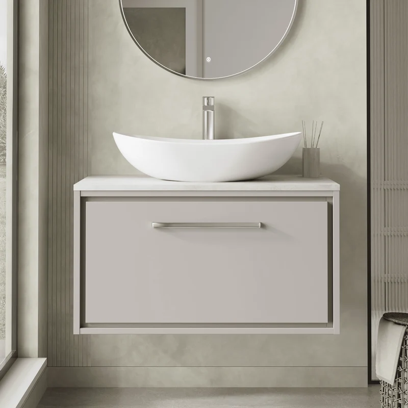 Lille 800mm Wall Hung 1 Drawer Vanity Unit & White Marble Worktop - Pebble Grey Matt