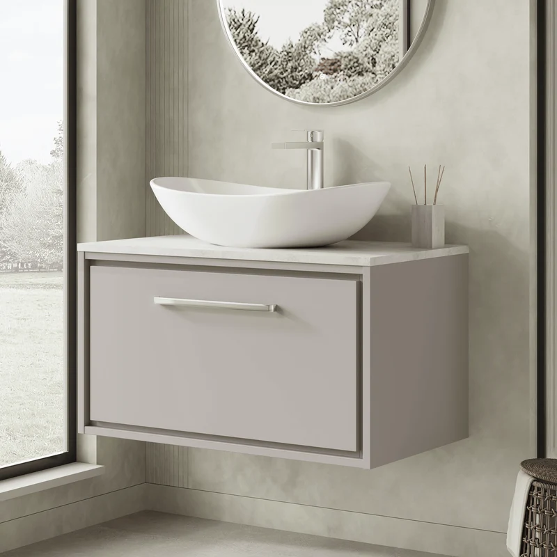 Lille 800mm Wall Hung 1 Drawer Vanity Unit & White Marble Worktop - Pebble Grey Matt