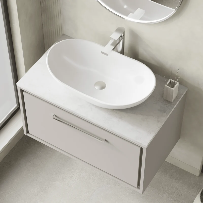 Lille 800mm Wall Hung 1 Drawer Vanity Unit & White Marble Worktop - Pebble Grey Matt